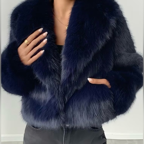 Lux Faux Fur Cropped Jacket - Navy - Picture 4 of 5